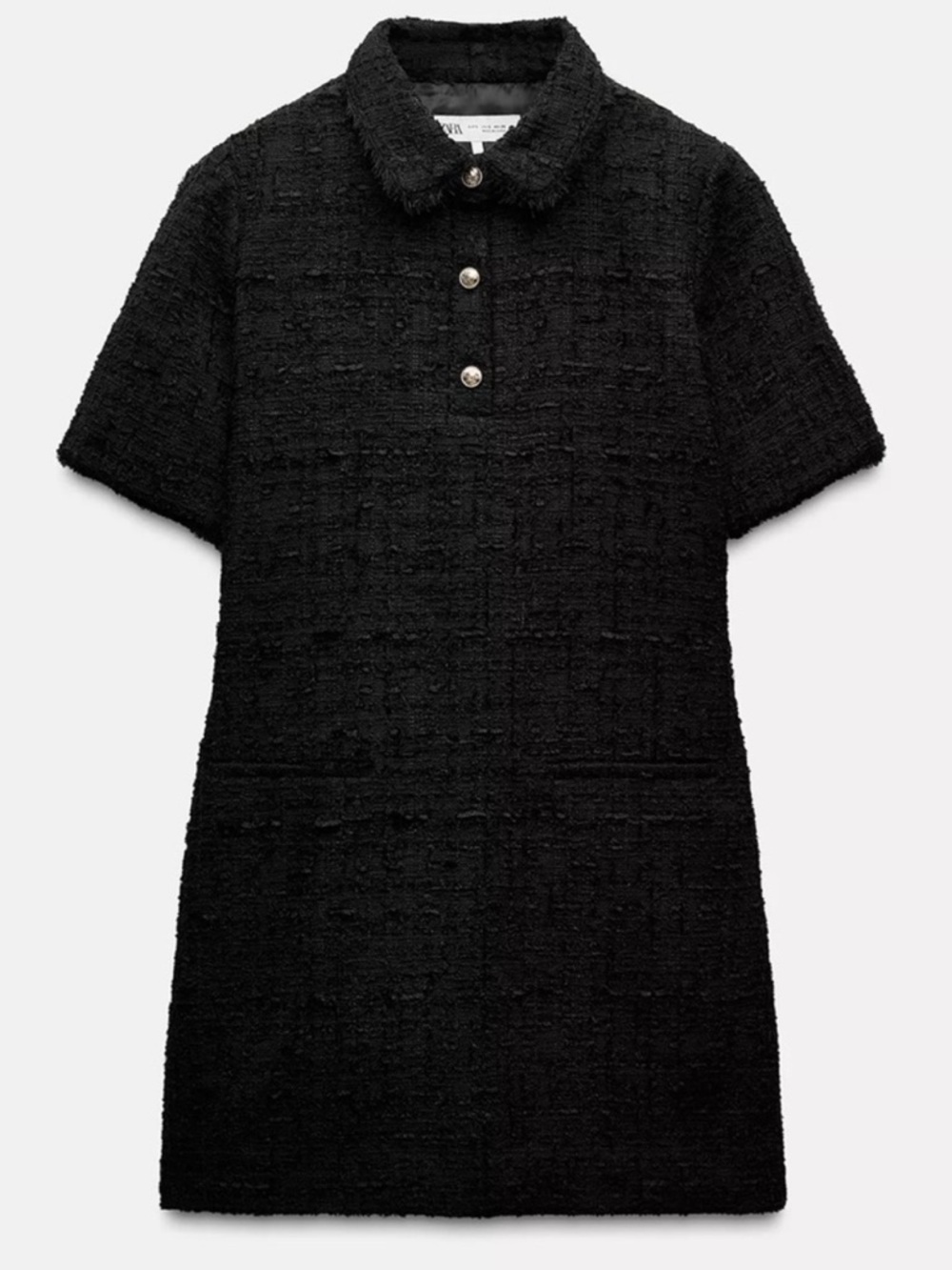Zara Textured Black Polo Mini Dress with Pearl Buttons